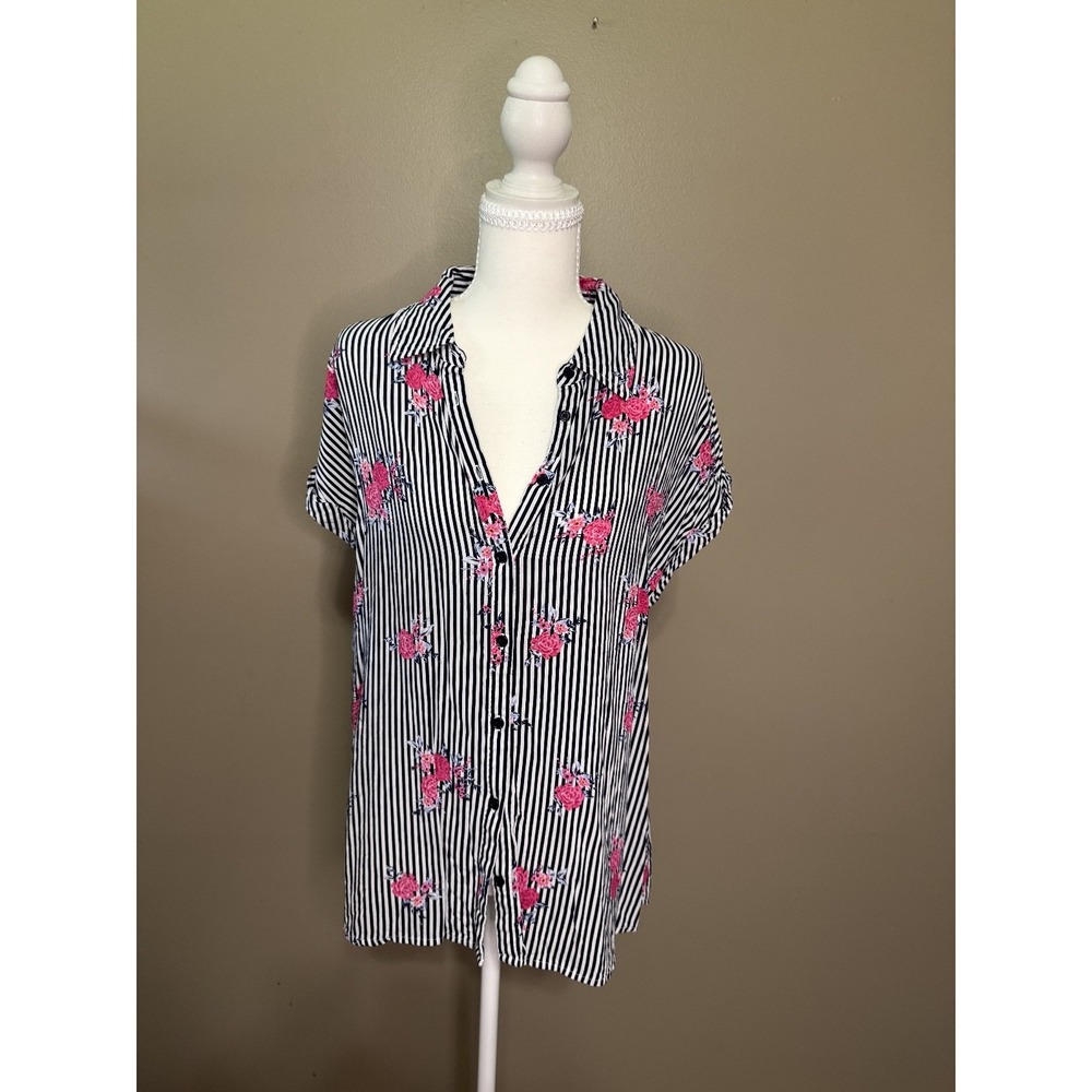 COMO Vintage Striped Floral Blouse Short Sleeve Button Down Pink Navy L #1107